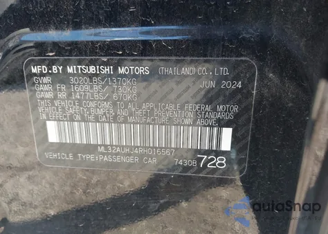 2024 Mitsubishi Mirage Es/Le z USA, uszkodzony, nr VIN ML32AUHJ4RH016567